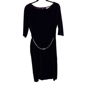 Vintage J. Stevens Purple Velvet Chain Belt 1/2 Sleeve Midi Sheath Dress 14 USA